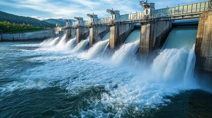Hydroelectric dam generating clean energy, water rushing through the turbines and providing power to a nearby community