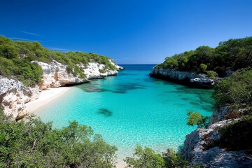 Fototapeta premium A secluded ocean cove, surrounded by cliffs and dense vegetation, with turquoise waters and a small beach hidden from view, a natural paradise.