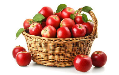 A Wicker Basket Overflowing with Apples on an Isolated White Background