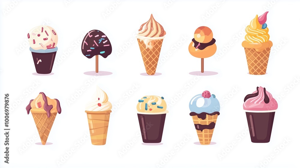 Poster colorful array of assorted ice cream cones and popsicles in various flavors and styles displayed on 