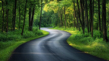 Naklejka premium Winding Asphalt Road through Lush Green Forest