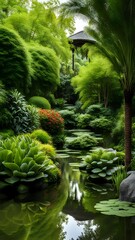 Fototapeta premium A peaceful botanical garden lush with greenery and vibrant flowers