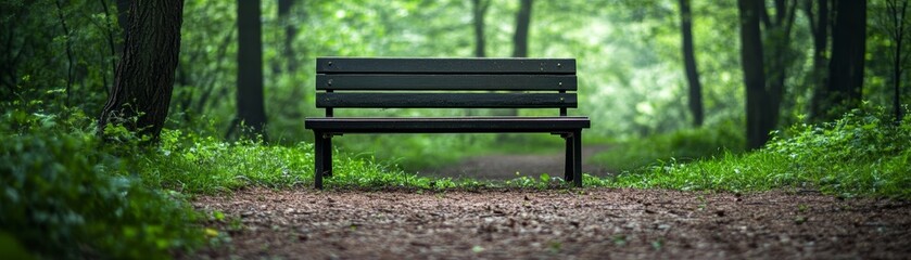Fototapeta premium Empty Bench in Lush Green Forest Path