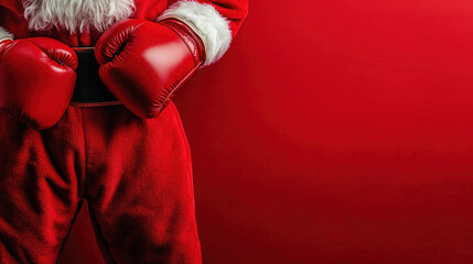 Santa Claus wearing boxing gloves. Christmas and Boxing Day concept. Gifts and sales.