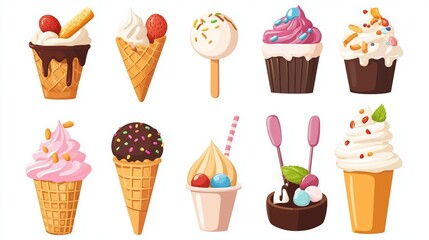 Delicious assortment of ice cream desserts showcasing cones, cups, and toppings arranged in vibrant colors and playful styles