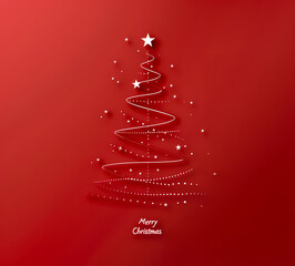 Christmas tree in paper cut style. Modern design on a red background. Christmas and New Year greeting card