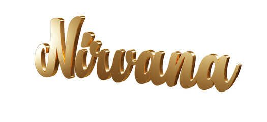 Luxury 3D gold text "Nirvana" on transparent background. Three dimensional Realistic script letters for logotype, symbol, signage, message etc.