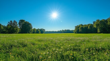 Sunny Meadow with Green Grass and Wildflowers