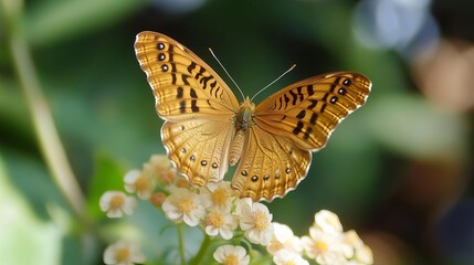 Naklejka premium A delicate golden butterfly resting on a flower, golden butterfly, Natural wildlife beauty.