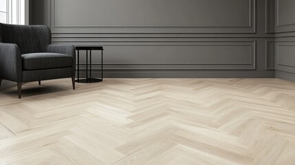 A large wooden-framed mirror leans against the wall in a stylish room featuring a dark armchair and a metal side table, illuminated by soft studio lighting