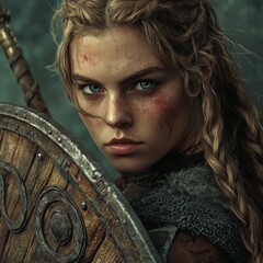 Brave Viking Shieldmaiden Warrior Woman with Blood and Scars