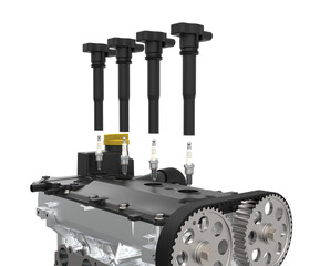 Spark plug and  ignition coil. Car ignition system. Car engine with spark plugs and coils exploded view. Ignition System Components