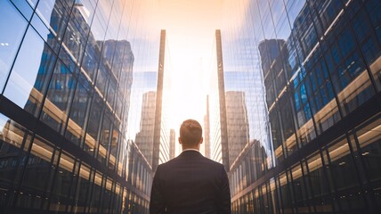Businessman in Suit Gazing at Reflective Glass Building, Symbolizing Ambition and Contemplation in a Modern Urban Landscape