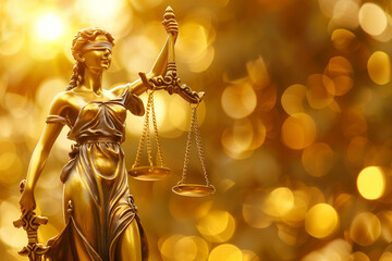 Lady justice statue holding scales on golden background.