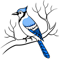 Elegant Blue Jay Perched on a Bare Winter Tree Vector Illustration Showcasing Nature's Beauty in Winter

