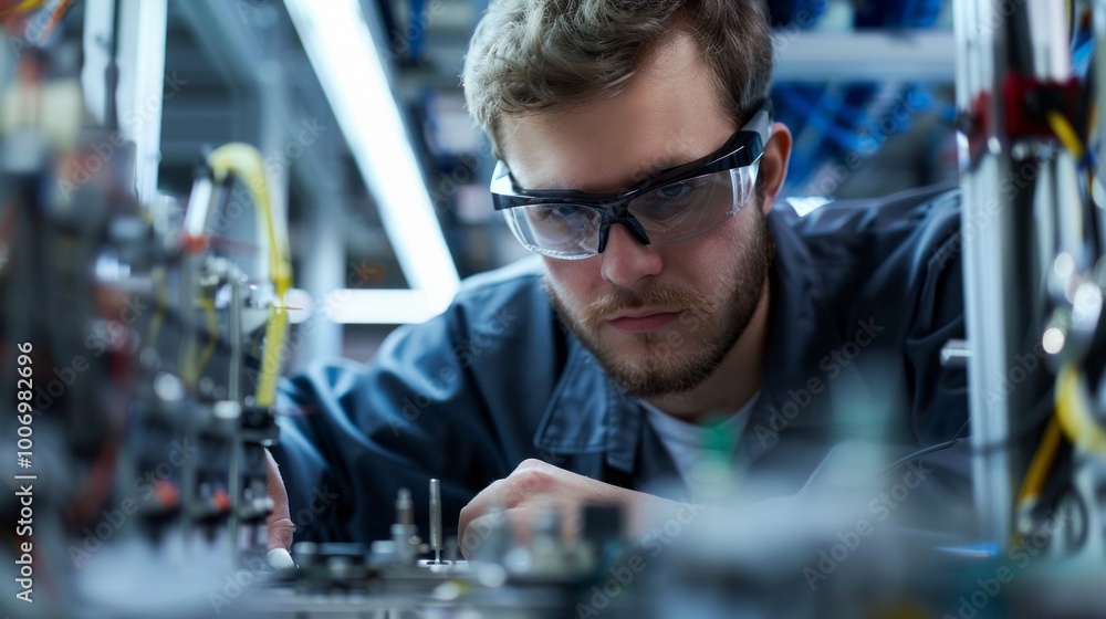 Poster a man in a lab coat is wearing safety goggles and working on a machine