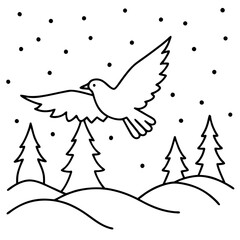 Beautiful Bird in Flight Above a Winter Wonderland of Snowy Trees and Falling Snowflakes Vector Art
