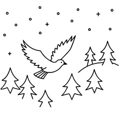 Vector Illustration of a Bird Gliding Through a Snowy Forest Amidst Gentle Snowflakes
