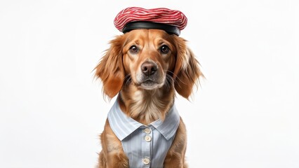 A dog wearing a striped hat and a button-up shirt poses against a plain background.