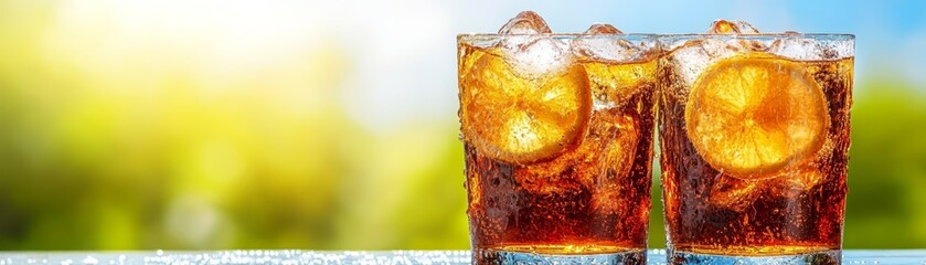 Cold Refreshing Iced Cola with Lemon and Ice Cubes on Summer Day