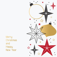 Christmas and New Year greeting card. Christmas holiday symbols, balls, stars. Black, red, gold colors.