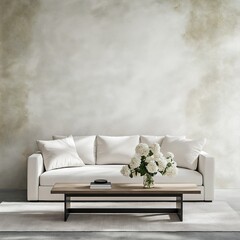 Minimalist living room with white sofa and wooden coffee table. Interior mockup with clean walls for pictures, posters, paintings, sculptures, and other wall art.