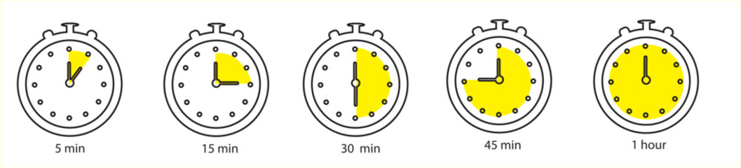 Time terms icon set. Hour 15 min half hour 30 min 45 min vector illustration	