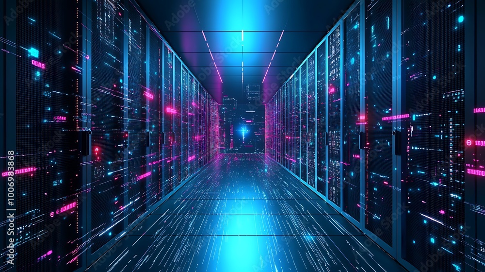 Poster a futuristic server room with rows of glowing servers and a blue and pink light.