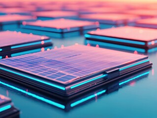 Fototapeta premium Floating energy grids connecting to a solar farm with cost-efficiency diagrams, energy networks, engineering and economics