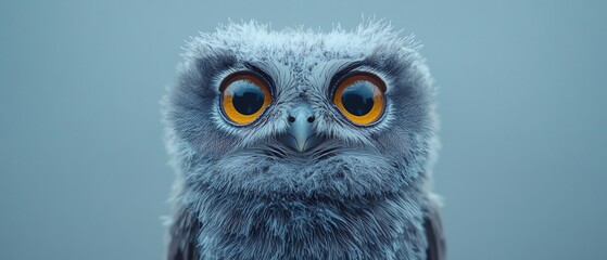 Fototapeta premium Adorable wideeyed owl, light blue background, sharp focus on feathers, curious expression, soft lighting, minimalist setup