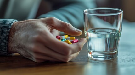 A close-up of a person taking medication, holding pills and a glass of water. The scene captures the importance of health and self-care in daily life.