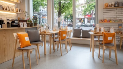 A cozy coffee shop interior showcases a modern aesthetic with white brick walls, wooden tables, and grey pillows that create a welcoming atmosphere for patrons