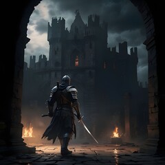 Obraz premium Dark Soul Atmosphere Game, The warrior fighting in the castle courtyard amid ruins