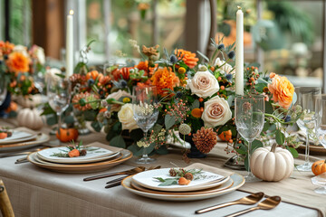 Tablescape for thanksgiving day served with pumpkins and flowers.