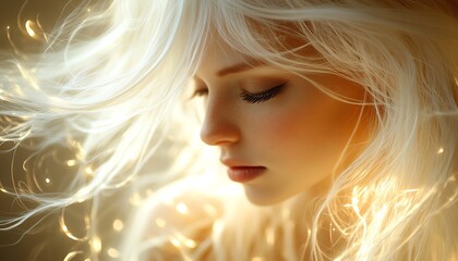 A dreamy portrait of a woman with flowing blonde hair, softly illuminated by warm light, capturing ethereal beauty and tranquility.
