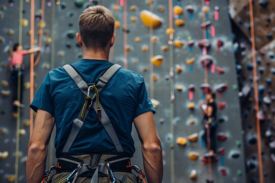 An instructor is teaching rock climbing techniques at an indoor climbing gym