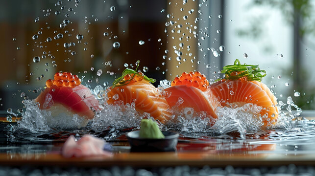 Sashimi slices (tuna, salmon, yellowtail) float above ice, with pickled ginger, wasabi, and soy sauce in mid-air