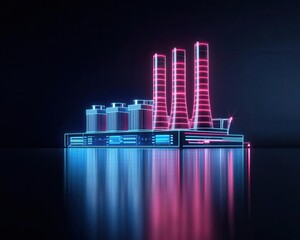 Futuristic gas-fired power plant with holographic energy output charts, gas energy, cost-effective power generation