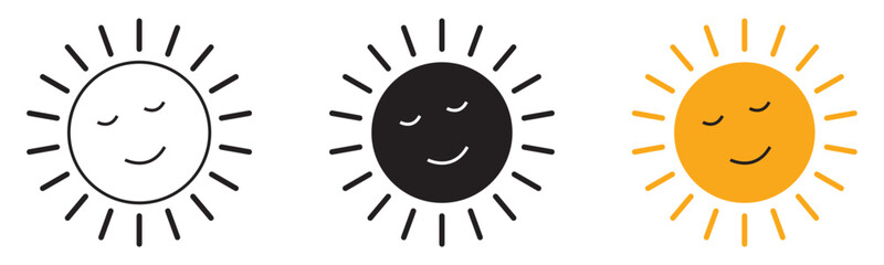 Cute sun icon set with smile for sticker. Design element.