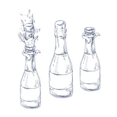 Green glass bottles with champagne, with a blank white label, open, closed and with a flying cork and splashes. Graphic illustration hand drawn in black ink. Set of isolated objects EPS vector.