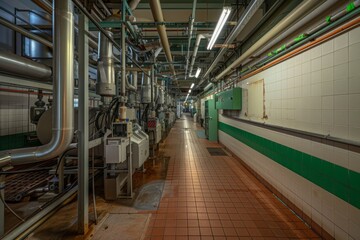 Fototapeta premium Milk processing plant flow pasteurization units for milk safety