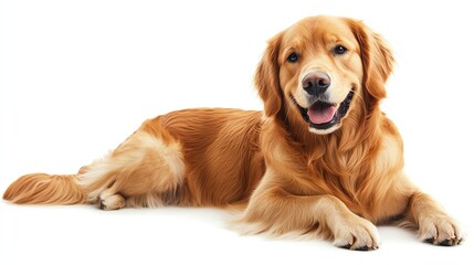 A cheerful golden retriever lying down, showcasing its friendly nature and beautiful golden fur in a bright, inviting setting.