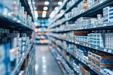 Fototapeta premium Pharmaceutical warehouse with organized shelves and neatly arranged medication