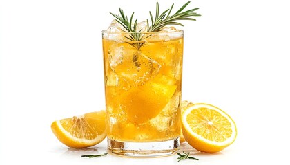 Fototapeta premium Lemon cocktail in a tall glass with ice, garnished with rosemary, isolated on white background, refreshing and crisp, studio lighting