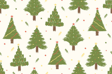 Christmas seamless pattern. Cute christmas tree hand drawn. Celebrate festival. Design for background, vector illustration, fabric, clothing, carpet, textile, gift, paper, greeting cards.