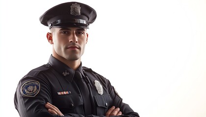Confident male police officer posing with arms crossed, showcasing dedication and professionalism in law enforcement.