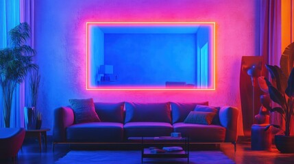 Neon-Lit Living Room with a Couch and a Glowing Mirror