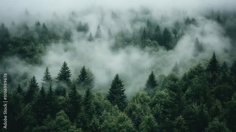 Poster dense fog over a forest with soft light filtering through the trees, creating an atmospheric morning