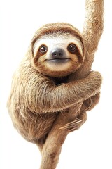Fototapeta premium A playful sloth hanging from a tree, showcasing its adorable features and endearing smile. Perfect for wildlife and nature themes.