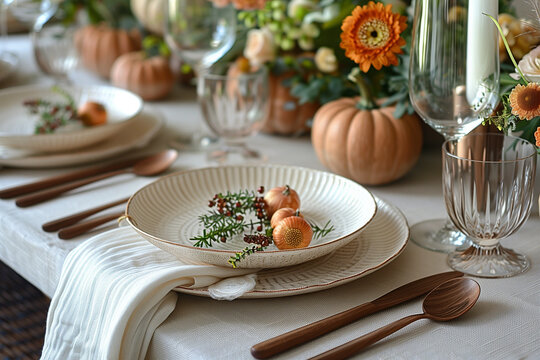 Beautiful tablescape setup for thanksgiving day in restaurant.